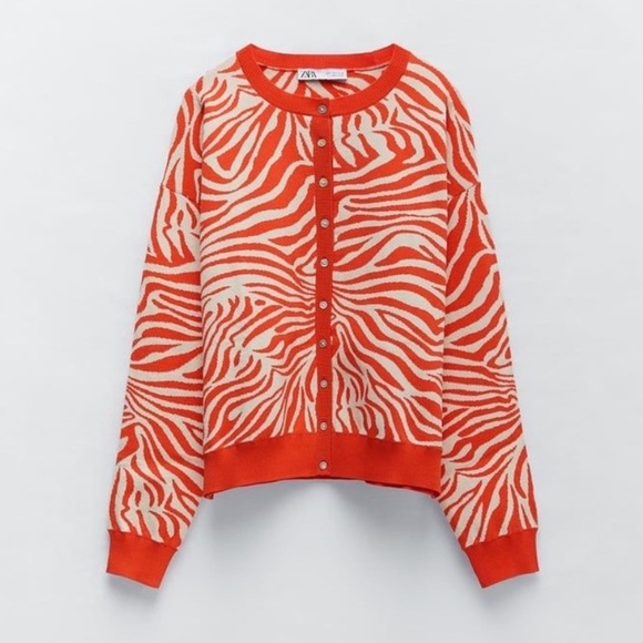 Zara Sweaters Zara Orange And Cream Zebra Print Cardigan Sweater
